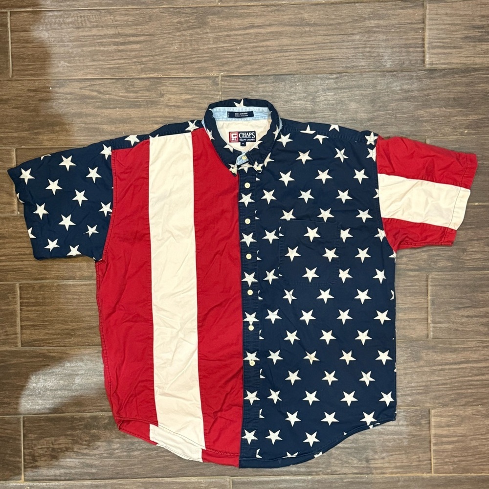 Chaps Ralph Lauren Men's Red, White, and Blue American Flag Shirt XL